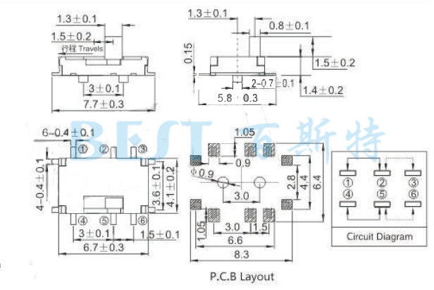 微型撥動開關(guān)MSS-22C06參考圖紙 微型撥動開關(guān)MSS-22C06參考圖紙