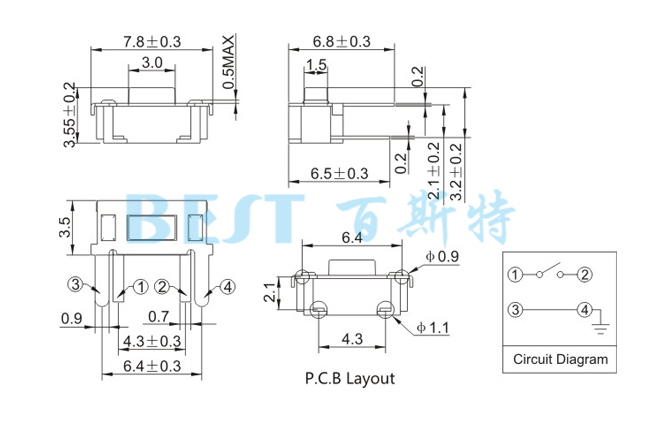 輕觸開關(guān)TS-1188A參考圖紙 輕觸開關(guān)TS-1188A參考圖紙